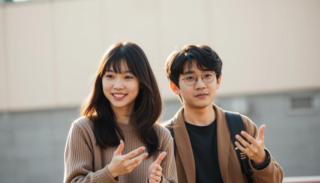 A breathtaking scene showcasing the contrasting communication styles of two young Japanese individuals. In the foreground, an ESFP engages in an animated, expressive conversation, their body language open and inviting. In the middle ground, an ENFP listens intently, their gaze focused and their posture relaxed, yet alert. The background is softly blurred, allowing the viewer to concentrate on the nuanced interplay between the two subjects. The lighting is warm and natural, casting a gentle glow that accentuates the subjects' features and creates an atmosphere of intimacy and understanding. The overall composition invites the viewer to observe and appreciate the unique ways in which these individuals connect and communicate.