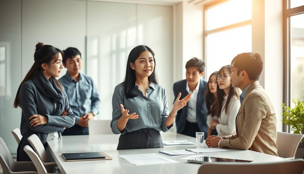 A bright and airy office setting, with young Japanese-looking professionals gathered around a conference table, deep in thoughtful discussion. Soft natural light filters in through large windows, casting a warm glow on the scene. In the foreground, a woman with an assured expression stands, gesturing emphatically as she presents her ideas to the attentive group. Her colleagues lean in, listening intently, expressions of problem-solving focus etched on their faces. The overall mood conveys a sense of collaborative problem-solving, where teamwork and critical thinking come together to find effective solutions.