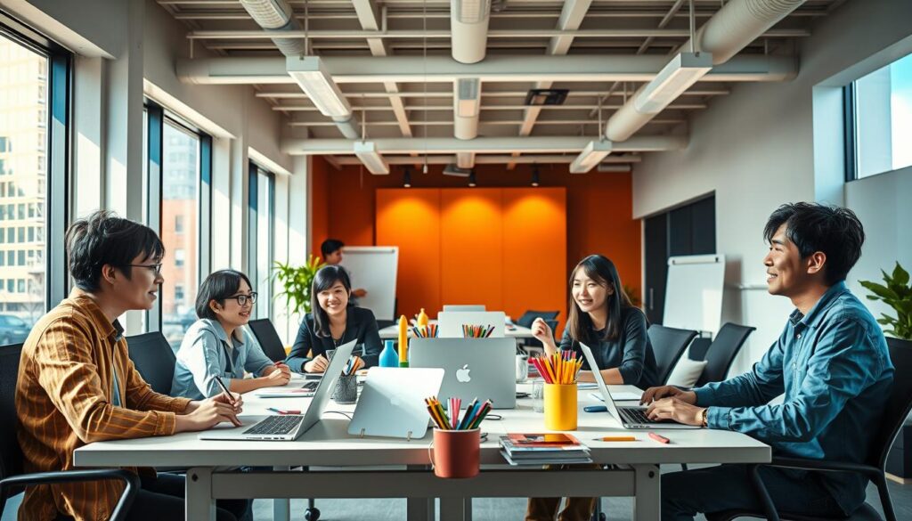 A bright, modern office space with a collaborative, creative atmosphere. The foreground features a group of young, professional-looking Japanese individuals seated at desks, engaged in animated discussions and brainstorming sessions. Warm, natural lighting filters in from large windows, casting a soft glow on the scene. The middle ground showcases a variety of work tools and gadgets, such as laptops, whiteboards, and colorful stationery, reflecting the dynamic and innovative nature of the workplace. In the background, a sleek, minimalist decor with clean lines and pops of vibrant color creates a visually striking and inspirational environment conducive to productive work.
