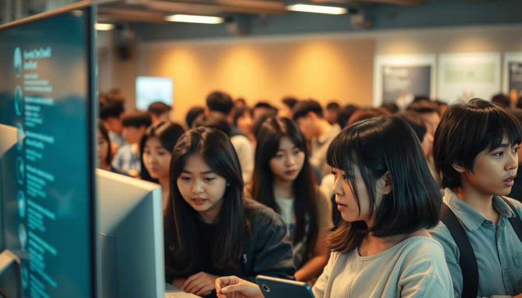 A bustling anonymous online discussion forum, where young Japanese-looking people with dark hair engage in lively, unfiltered conversations. The scene is bathed in a warm, natural light, captured with a realistic, photographic style. The foreground features a group of users absorbed in their digital exchanges, their expressions conveying a mix of intensity and camaraderie. In the middle ground, the interface of the forum is visible, with its clean, minimalist design allowing the focus to remain on the human interactions. The background subtly suggests the wider digital landscape, hinting at the expansive, interconnected nature of this unique online community.