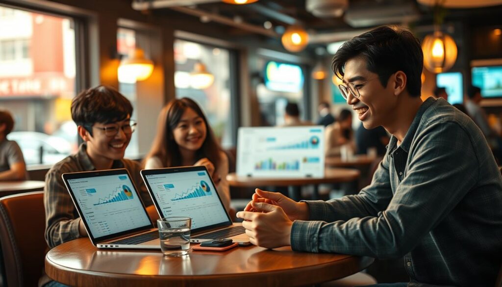A bustling cafe scene, three young Japanese-looking individuals engaged in a lively discussion around a table, their expressions animated as they evaluate social media analytics displayed on their laptop screens. Warm lighting casts a cozy glow, drawing the viewer's attention to the centralized activity. The background features blurred urban elements, suggesting an urban setting. Realistic, high-detail rendering with a photographic quality, capturing the energy and focus of the successful social media analysis session.