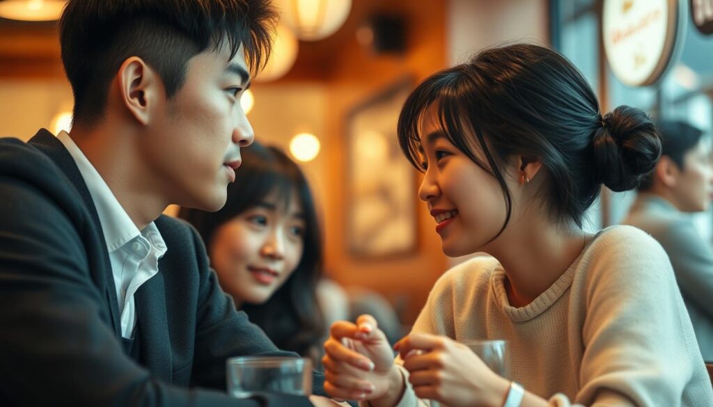 A bustling café setting, warm lighting casting a cozy glow. Two young Japanese individuals, a man and a woman, engage in a first-time conversation. The man leans in, his posture attentive, brow furrowed in an expression of genuine interest. The woman, her black hair framing her delicate features, responds with a slight smile, her body language open and inviting. The background blurs softly, drawing the viewer's focus to the intimate exchange unfolding before them. The scene captures the delicate dance of a first encounter, the subtle interplay of curiosity, connection, and the promise of a budding relationship.