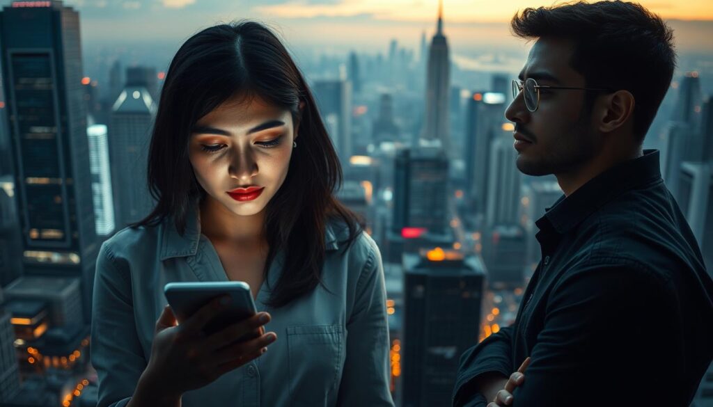 A bustling city skyline in the background, with neon-lit skyscrapers and a mesmerizing network of interconnected pathways. In the foreground, two figures stand in stark contrast - one immersed in a virtual world, eyes glued to a sleek smartphone, the other grounded in the physical realm, gazing pensively at the bustling scene. Their facial features convey a sense of introspection, hinting at the complex interplay between online personas and real-life personalities. Soft, diffused lighting creates an atmospheric mood, drawing the viewer into this contemplative tableau. The image aims to capture the essence of the section title, exploring the convergence and divergence of MBTI personality types within the unique culture of the online community.
