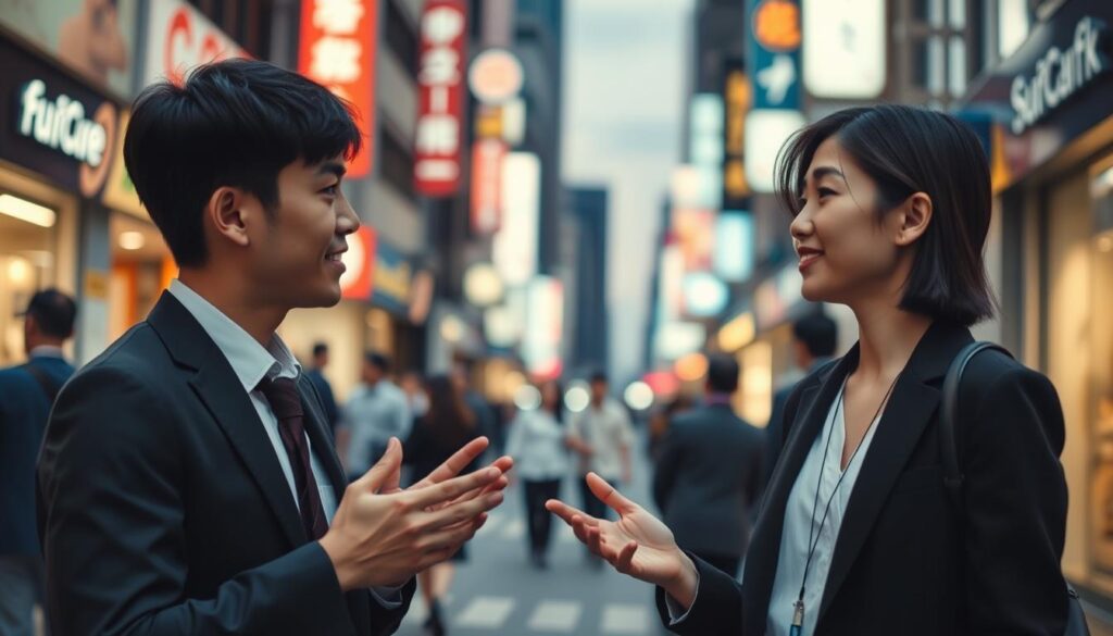 A bustling city street at dusk, two young Japanese professionals in formal attire engage in a polite first-time conversation. Soft, warm lighting from nearby storefronts illuminates their faces as they lean in, making eye contact and gesturing thoughtfully. The background is slightly blurred, emphasizing the intimate, focused nature of their interaction. The mood is one of attentive, respectful exchange, capturing the nuances of a meaningful initial meeting between compatible personality types.