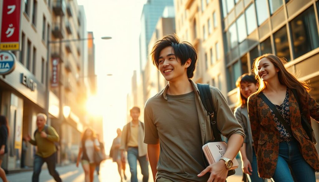 A bustling city street, bathed in warm sunlight, sets the stage for an energetic ENFP male. With an effortless stride, he navigates the urban landscape, his dark hair complementing his youthful, Japanese-inspired features. Animated gestures accompany his animated conversation, as he engages with a group of friends, their faces alight with laughter and camaraderie. The scene conveys a sense of boundless enthusiasm, creativity, and a zest for life that embodies the ENFP male's distinct personality. The composition captures this dynamic energy through a cinematic, wide-angle lens, framing the scene with a sense of depth and movement.