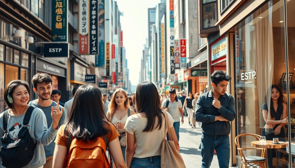 A bustling city street in the heart of Tokyo, teeming with young, vibrant ESTP individuals navigating their daily lives. In the foreground, a group of friends energetically discuss their latest adventures, their gestures and expressions full of enthusiasm. The middle ground features a stylish, fashionable couple window-shopping, their body language and casual attire reflecting the ESTP's playful and spontaneous nature. In the background, a cozy café setting where an ESTP can be seen charming a potential romantic interest, their confident and engaging demeanor drawing the other person in. Warm, natural lighting bathes the scene, capturing the youthful, dynamic atmosphere of the ESTP's concrete behavioral patterns.