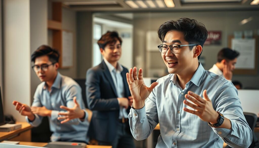 A bustling office scene, with a group of young, Japanese-looking men engaged in various "ESTP" behavior patterns. In the foreground, one man enthusiastically gesticulates, capturing the attention of his colleagues. In the middle ground, another man leans back in his chair, exuding a laid-back confidence. In the background, a third man paces the room, lost in deep thought. The lighting is natural, with warm tones and a sense of energy and activity. The scene is captured with a sharp, documentary-style lens, conveying a realistic, slice-of-life atmosphere.