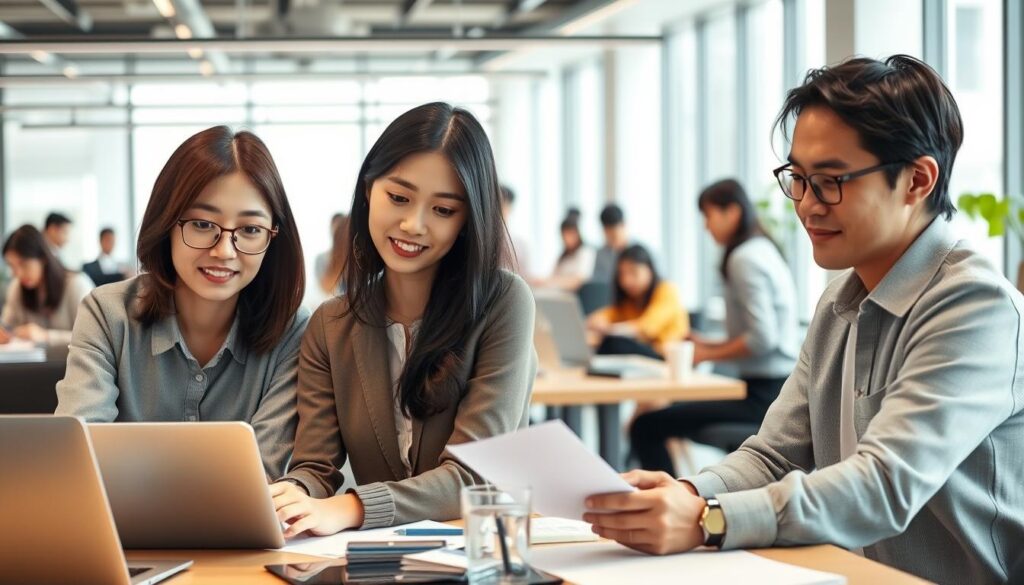 A bustling office scene with a group of young Japanese-looking professionals collaborating on a project. In the foreground, a focused ISTP and an imaginative ENFP work side-by-side, their different working styles evident in their body language and facial expressions. The middle ground features other colleagues engaged in their tasks, creating a sense of a productive, yet harmonious workplace. The background is a well-lit, modern office space with sleek furnishings and large windows, conveying a professional, yet warm atmosphere. Realistic lighting and a shallow depth of field draw the viewer's attention to the interaction between the ISTP and ENFP.