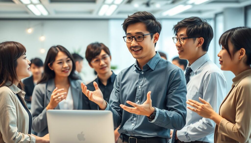 A bustling office scene, with a group of young, professional Japanese individuals engaged in dynamic conversation. The foreground features a confident, assertive ESTJ-T type leading the discussion, gesturing emphatically while making eye contact with their colleagues. The middle ground showcases the team's engaged body language, with attentive expressions and nodding heads. The background incorporates a well-lit, modern workspace with clean lines and minimal decor, creating a polished, efficient atmosphere. Soft, warm lighting filters through the room, complementing the individuals' professional yet approachable demeanor. The overall composition conveys the ESTJ-T's direct, organized, and results-oriented communication style, as they guide the team towards a collective goal.