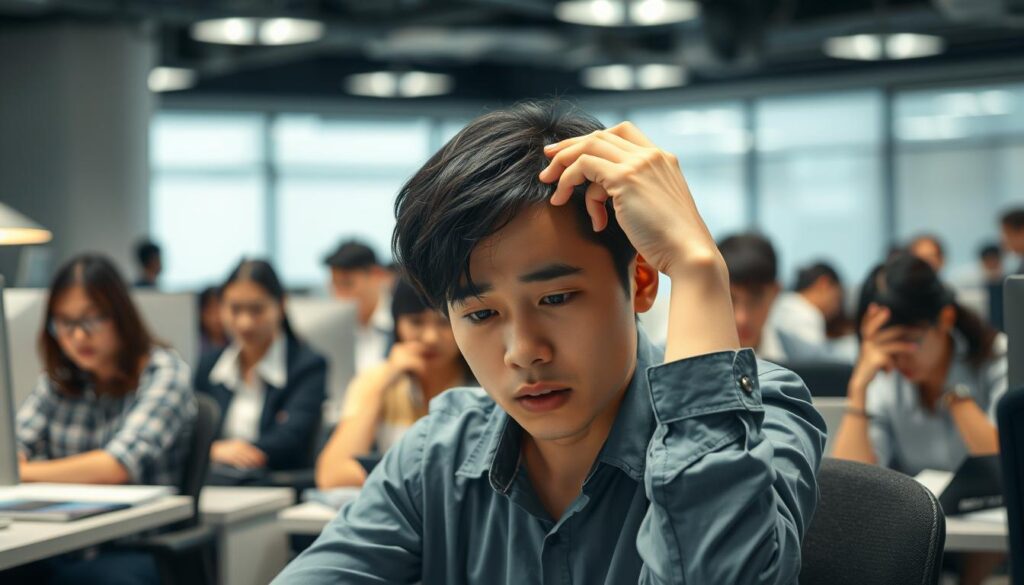 A bustling office scene, with young Japanese-looking professionals engrossed in their tasks. In the foreground, a person sits at a desk, brow furrowed, hand on forehead, conveying the weight of workplace stress. Their co-workers around them exhibit varying degrees of focus and fatigue, reflecting the shared experience. The lighting is soft, creating a contemplative atmosphere. The background is blurred, emphasizing the central figure's internal struggle. Subtle details like cluttered desks and computer screens suggest the demanding nature of the work environment. The overall composition captures the nuanced emotions of managing stress in a high-pressure office setting.