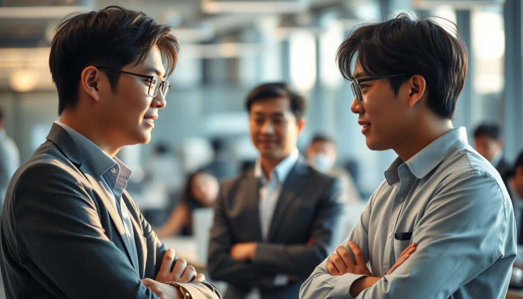 A bustling office setting, where two young Japanese professionals engage in an earnest conversation. Soft natural lighting filters through the windows, casting a warm glow on their faces as they lean in, their body language exuding trust and openness. In the middle ground, a third colleague observes, their expression attentive and thoughtful. The background blurs gently, emphasizing the intimate exchange at the center of the frame. The scene captures the essence of building meaningful connections through effective communication, a crucial skill for the ENFP male to thrive in the workplace.