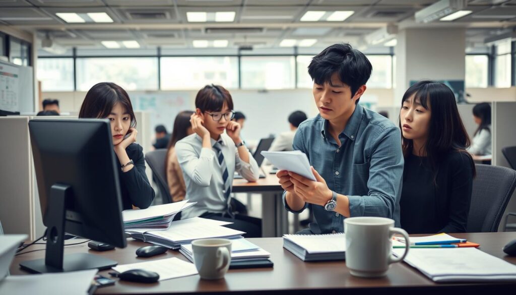 A bustling office setting with a group of young, Japanese-looking professionals immersed in various tasks. In the foreground, a desk with a computer, papers, and a mug of coffee, capturing the intensity of focused work. The middle ground features colleagues collaborating at a meeting table, their expressions conveying a mix of concentration and frustration. The background showcases the office environment - cubicles, whiteboards, and floor-to-ceiling windows bathing the scene in natural light. The overall atmosphere reflects the challenges ISFJ individuals may face in navigating the workplace, with a sense of unease and the struggle to maintain productivity.