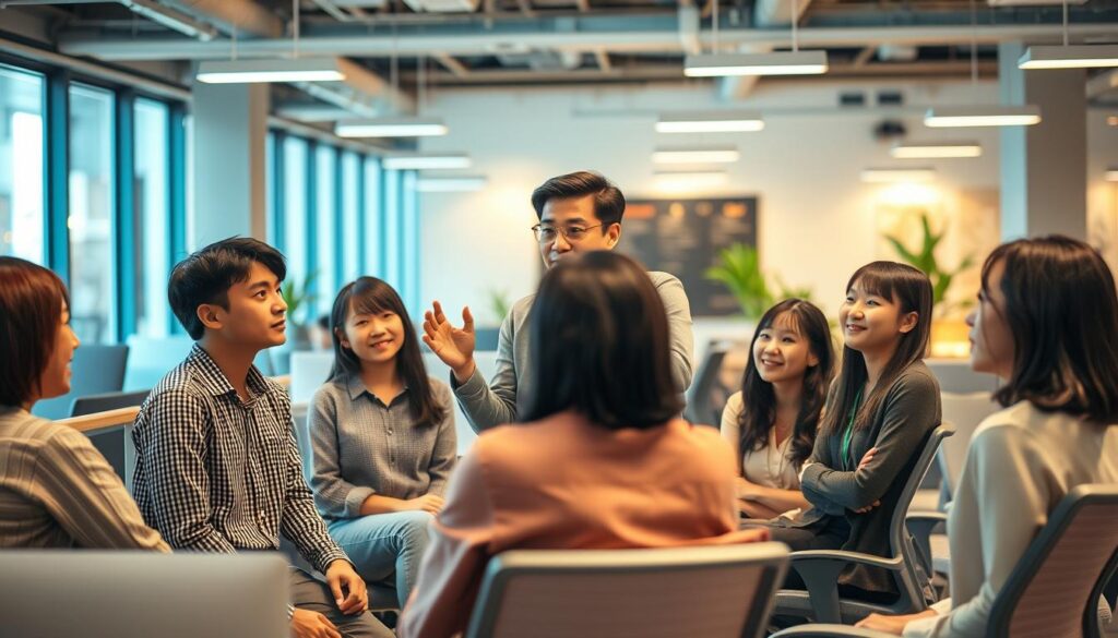 A bustling open-plan office, bathed in warm, focused lighting. At the center, a confident ENFJ leader facilitates a lively discussion, gesturing expressively as their team listens intently. Youthful, Japanese-looking faces convey a sense of engagement and trust. The atmosphere is one of collaborative energy, with the leader guiding the group towards a shared vision. Subtle details like ergonomic furniture and modern decor enhance the professional yet approachable vibe. This is a workspace where an ENFJ's natural charisma and teambuilding skills can truly shine.