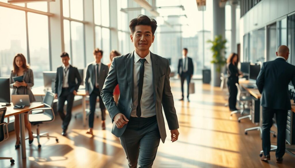 A bustling open-plan office, bathed in warm, natural light. In the foreground, a young Japanese man in a crisp, tailored suit strides purposefully, his expression focused and determined. He navigates the workspace with a sense of confident efficiency, seemingly able to instantly assess and act on the needs of the moment. In the middle ground, his colleagues look on with admiration, their body language conveying a sense of trust and respect. The overall atmosphere is one of vibrant productivity, where ideas flow freely and teamwork thrives. Through the large windows, the cityscape beyond hints at the wider context, suggesting the client-facing nature of this dynamic workplace.