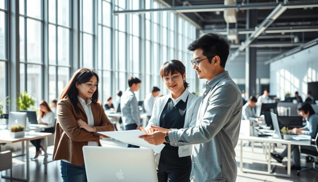 A bustling open-plan office, sunlight streaming through large windows. In the foreground, two young professionals, one an ISTP with a focused, analytical demeanor, the other an ESTP with an energetic, collaborative nature, working side-by-side on a shared project, their body language and expressions conveying their dynamic interaction and complementary roles. In the middle ground, a diverse team of Japanese-looking colleagues, some engaged in discussion, others typing at their desks, the atmosphere one of productive synergy. The background features sleek, modern office furnishings and décor, suggesting a professional, tech-savvy environment. An image that captures the nuanced interplay between ISTP and ESTP personality types in a workplace context.
