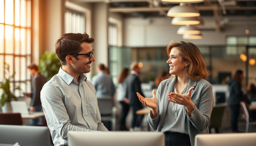 A bustling open-plan office, with a pair of coworkers - an ISTJ and an ENFP - engaged in a lively discussion. Warm, indirect lighting filters through large windows, casting a soft glow on the scene. The ISTJ, meticulously dressed, leans forward with a thoughtful expression, while the ENFP, gesturing animatedly, brings a spark of energy to the interaction. Their contrasting personalities are palpable, yet they navigate the dynamic with a sense of rapport and mutual understanding. The background is blurred, allowing the focus to remain on the interpersonal dynamics unfolding before the viewer, inviting them to observe the nuances of this workplace relationship.