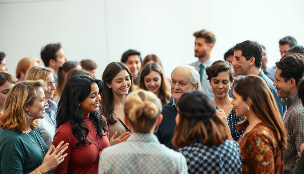 A bustling scene of diverse individuals gathered, each representing a distinct personality type. In the foreground, a group of vibrant ESFP and ENFP figures engage in animated discussions, their expressive gestures and warm smiles creating a sense of camaraderie. In the middle ground, a more reserved ISTJ and a contemplative INFJ stand apart, observing the lively interaction with thoughtful expressions. In the background, a ENTJ commands attention, their confident posture and purposeful stride exuding a sense of strategic leadership. Soft, diffused lighting illuminates the scene, capturing the nuanced interplay of various temperaments and their unique contributions to the overall tapestry of human diversity.