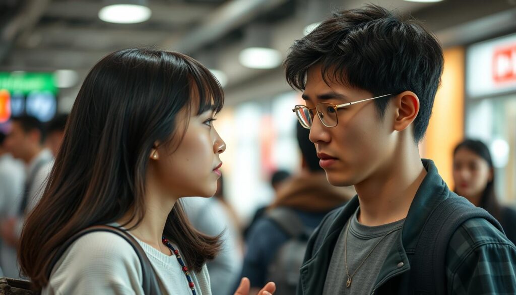 A bustling scene of two young Japanese individuals engaged in an earnest conversation, their faces expressing a mix of understanding and confusion. Soft, natural lighting illuminates their features, capturing the nuances of their body language and facial expressions. The background is slightly blurred, placing the focus on the interpersonal dynamic unfolding between them. The composition suggests a sense of intimacy and the potential for miscommunication, reflecting the challenges of effective communication and the root causes of misunderstandings.