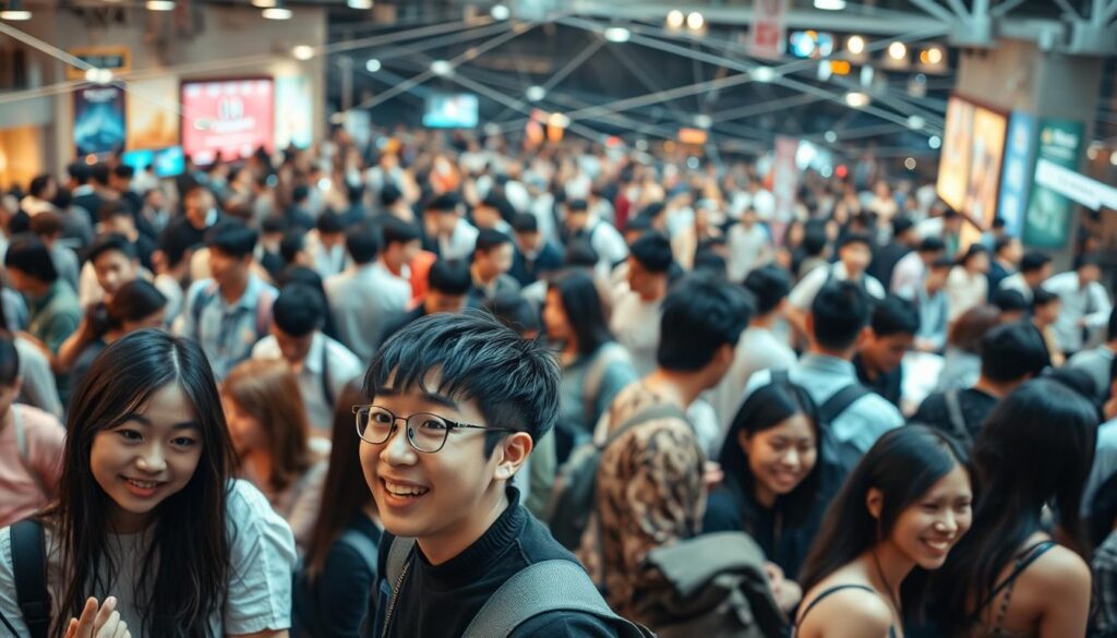 A bustling social network unfolds, a vibrant tapestry of interconnected nodes. In the foreground, a group of young Japanese-looking individuals engage in animated conversation, their facial expressions mirroring the dynamic energy of the scene. The middle ground reveals a diverse array of people, each with their own unique style and personality, weaving a web of connections. The background subtly suggests the pervasive yet seamless integration of technology, hinting at the digital underpinnings that facilitate this thriving social ecosystem. Soft, ambient lighting casts a warm, inviting glow, creating a sense of intimacy and belonging. Captured through a wide-angle lens, the image conveys a holistic, immersive perspective on the expansive social landscape. A bustling social network unfolds, a vibrant tapestry of interconnected nodes. In the foreground, a group of young Japanese-looking individuals engage in animated conversation, their facial expressions mirroring the dynamic energy of the scene. The middle ground reveals a diverse array of people, each with their own unique style and personality, weaving a web of connections. The background subtly suggests the pervasive yet seamless integration of technology, hinting at the digital underpinnings that facilitate this thriving social ecosystem. Soft, ambient lighting casts a warm, inviting glow, creating a sense of intimacy and belonging. Captured through a wide-angle lens, the image conveys a holistic, immersive perspective on the expansive social landscape.