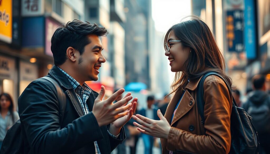 A bustling urban scene, two dynamic individuals engaged in lively discussion. Warm, natural lighting highlights their expressive faces, conveying a sense of openness and connection. The foreground features a man and woman, their body language leaning towards each other, hands gesturing as they exchange ideas. In the middle ground, a blurred city backdrop suggests a vibrant, cosmopolitan environment, conducive to meaningful interactions. The overall atmosphere evokes a mood of productive, interpersonal communication - the essence of "コミュニケーション能力" brought to life through a realistic, captivating visual.