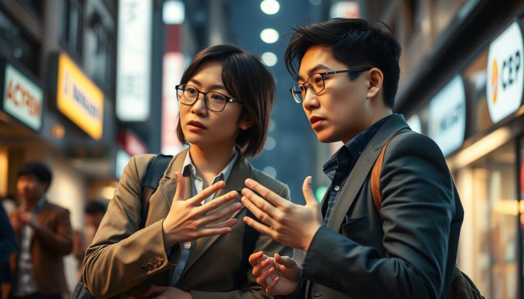 A bustling urban scene with two young Japanese professionals, a diligent ISTP and a passionate ENFP, engrossed in a tense discussion. Warm, muted lighting casts a pensive atmosphere, as they lean in, hands gesturing emphatically, seeking to bridge the communication gap between their contrasting personalities. The background is blurred, emphasizing the intense focus on resolving their differences, finding common ground, and unlocking the potential of their dynamic partnership.