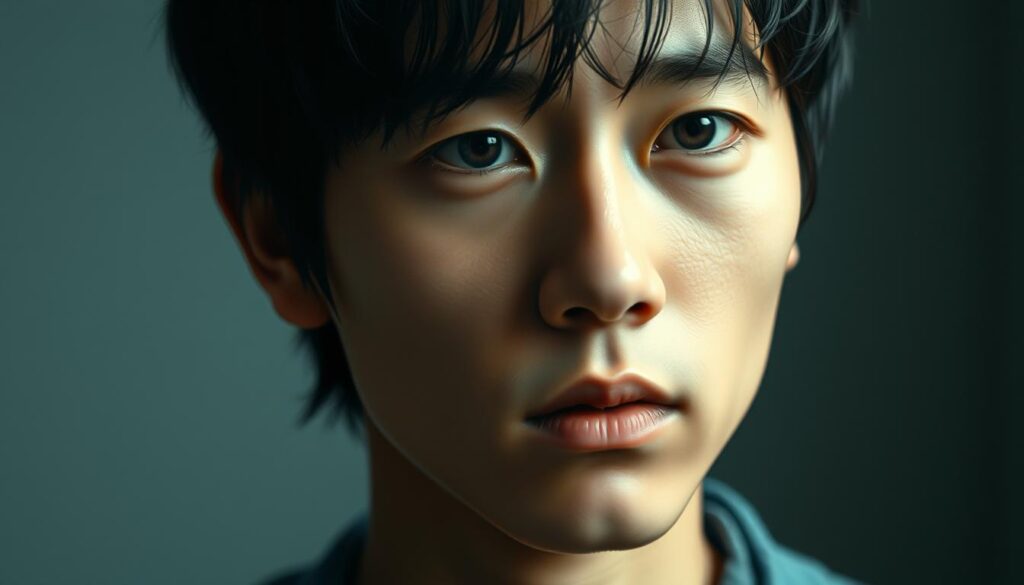 A calm, contemplative portrait of a young Japanese-looking individual, their face reflecting the struggle between emotion and logic. Soft, diffused lighting accentuates the subtlety of their expression, conveying a pensive, almost melancholic mood. The background is blurred, keeping the focus on the subject's introspective gaze. Textured brushstrokes and a slightly muted palette suggest an artistic, evocative aesthetic, mirroring the inner conflict at the heart of the scene.