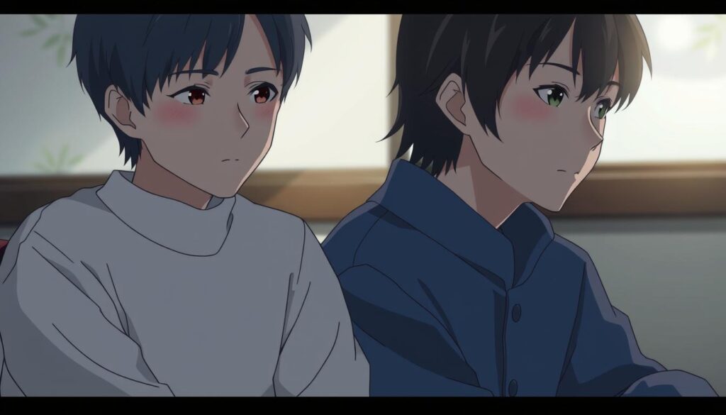 A calm, contemplative scene of two young Japanese individuals sitting together, deep in thought. The lighting is soft and natural, casting a gentle glow on their faces. One person sits with a pensive expression, brow furrowed, while the other gazes off into the distance, lost in their own introspection. The background is blurred, allowing the focus to remain on the characters and their internal dialogue. Subtle details, such as the texture of their clothing and the slight furrow of their brows, convey the weight of their emotional deliberation. An atmosphere of quiet understanding and the struggle to interpret one's own feelings pervades the image.