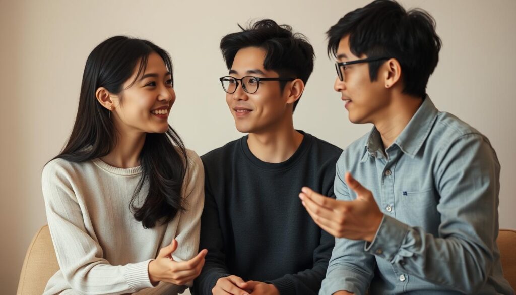 A calm, intimate scene of a young Japanese couple engaged in an effective communication training session. The warm lighting highlights their thoughtful expressions as they lean in, making eye contact and gesturing with open body language. The minimalist background allows the focus to remain on their earnest interaction, conveying a sense of progress and understanding. The composition is balanced, with the pair positioned centrally and framed by a subtle depth of field. The overall mood is one of productive, thoughtful dialogue between the partners.