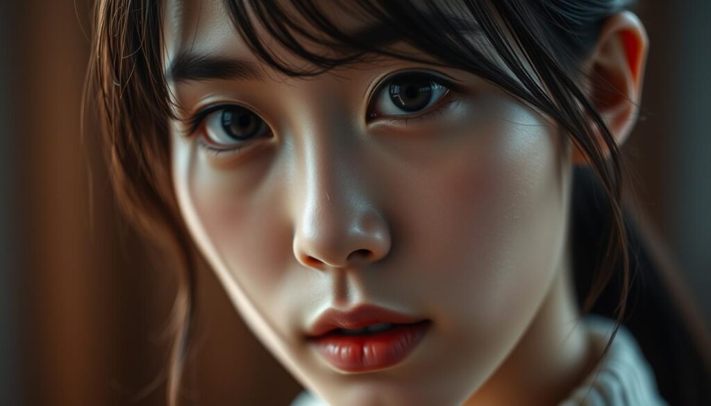 A captivating close-up portrait of a young Japanese woman, her delicate features and deep, pensive gaze conveying an alluring inner depth. Soft, diffused lighting illuminates her face, drawing the viewer into the intricacies of her emotions and self-expression. The background is subtly blurred, focusing attention on the model's introspective countenance and the inherent charm of her unspoken thoughts. Captured with a high-quality lens, the image exudes a sense of intimate authenticity, inviting the viewer to connect with the model's multifaceted personality and the quiet power of her internal world.