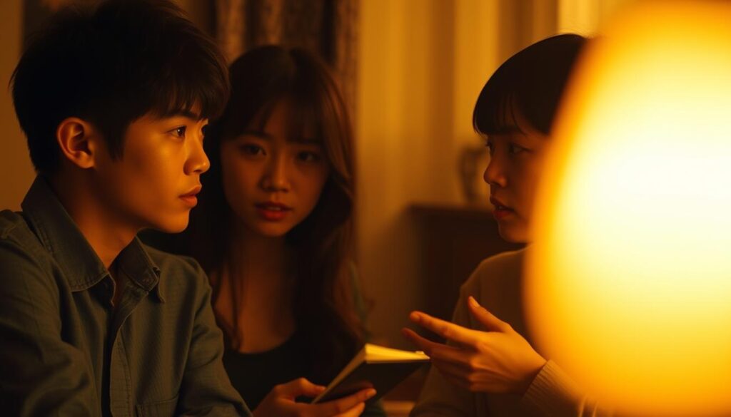 A captivating intellectual dialogue unfolds in a cozy, dimly lit room. Two young Japanese individuals, their features softly illuminated, engage in a deep, thought-provoking exchange. Their gazes locked, their expressions earnest, they seem to be exploring the nuances of a shared fascination. The warm, diffused lighting casts a subtle, romantic glow, creating an atmosphere of intimacy and intellectual connection. The background fades into a dreamy, hazy blur, allowing the focus to remain solely on the captivating interaction between the two figures.