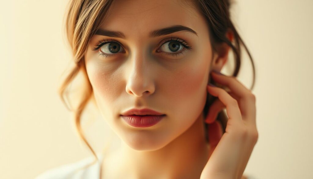 A captivating scene of a poised ISTP woman lost in contemplation, her gaze conveying an intriguing mix of curiosity and reserved emotion. Bathed in warm, diffused lighting, her delicate features and refined posture suggest a thoughtful, introspective persona. The setting is minimalist, with a focus on the subject's intricate expressions and body language as she navigates the complexities of romance. Subtle visual cues hint at her analytical nature and preference for understated elegance. This image embodies the nuanced, self-contained allure of the ISTP female in matters of the heart.