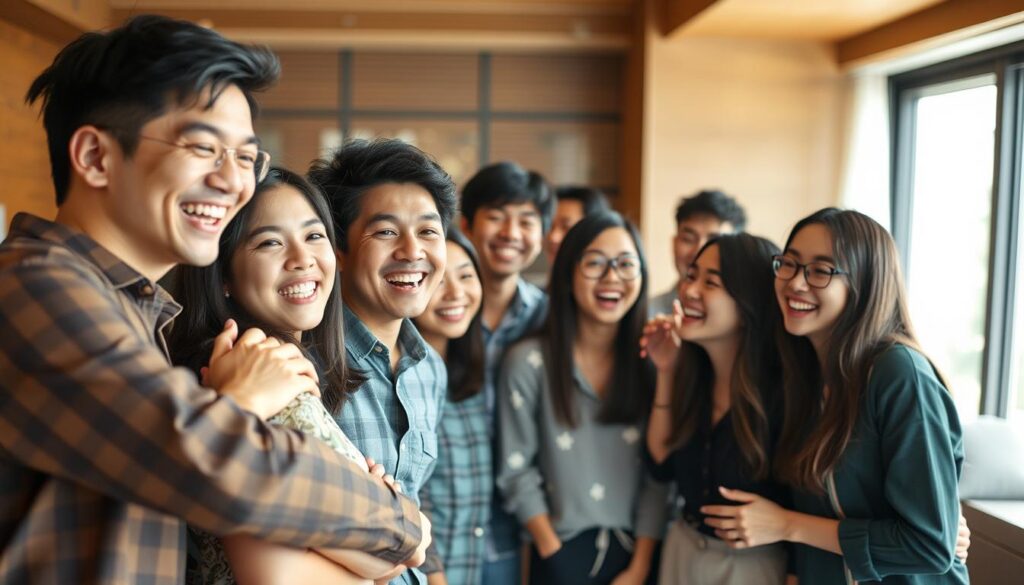 A celebratory gathering of young, Japanese-looking individuals in a warm, inviting setting. The foreground features a diverse group of friends smiling and embracing, their expressions radiating genuine joy and camaraderie. The middle ground showcases a lively discussion, with animated gestures and laughter, creating a sense of vibrant communication. In the background, a serene, softly-lit environment provides a calming backdrop, enhancing the overall mood of success and mutual support. The lighting is natural and diffused, creating a flattering, realistic effect. The camera's angle captures the scene from a slightly elevated perspective, conveying a sense of inclusiveness and togetherness.