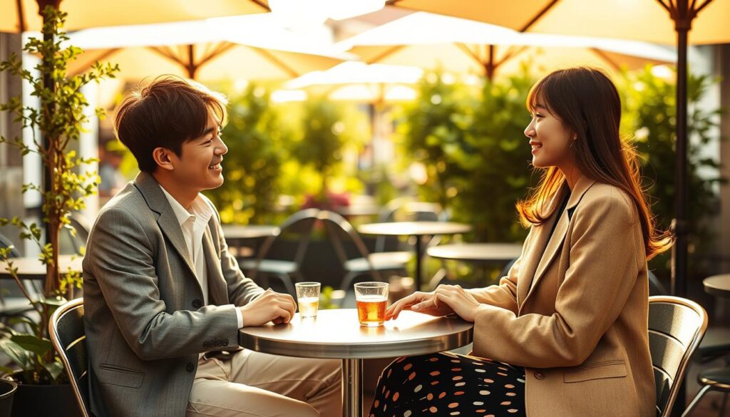 A charming, modern outdoor cafe setting. Two fashionably dressed young Japanese people, a man and a woman, sitting at a small round table. They are engaged in lively conversation, their expressions animated as they share creative ideas. The scene is bathed in warm, golden afternoon light, with lush greenery and cafe umbrellas framing the cozy, intimate atmosphere. The mood is playful and spontaneous, capturing the essence of an imaginative, unconventional date plan. Detailed, lifelike, photorealistic.