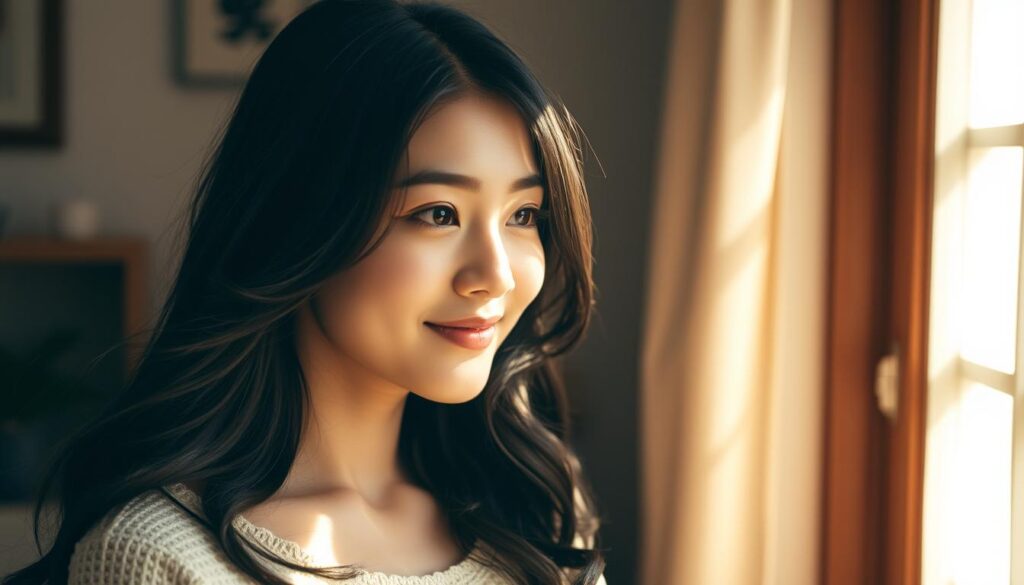 A charming young Japanese woman with a warm, expressive gaze stands in a cozy, sun-dappled room, conveying a sense of intimacy and trust. Her delicate features are framed by flowing black hair, and a gentle smile graces her lips. Soft lighting from a nearby window casts a serene, romantic atmosphere, highlighting the tenderness and connection between the couple as they gaze into each other's eyes, lost in a moment of profound understanding and mutual affection.
