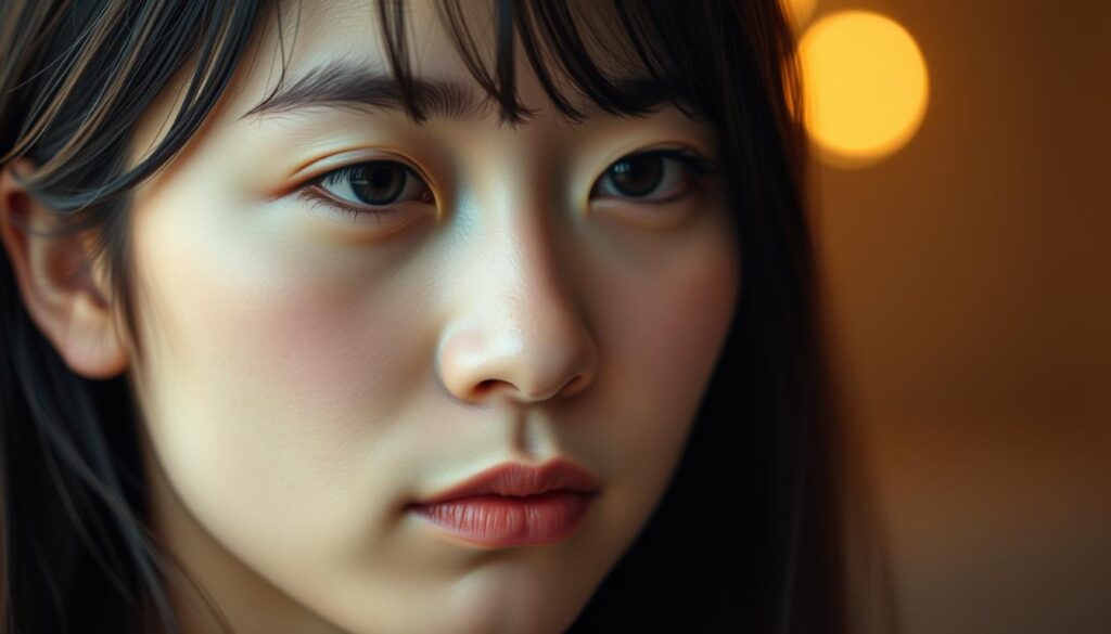 A close-up portrait of a pensive young Japanese woman, her delicate features softly illuminated by warm, diffused lighting. Her brow is furrowed, and her lips are parted, conveying a subtle shift in her emotional state - a quiet contemplation that hints at the complex inner world of an INTJ personality. The depth of field is shallow, drawing the viewer's focus to the nuanced expressions on her face. The background is gently blurred, emphasizing the intimate, introspective nature of the moment.