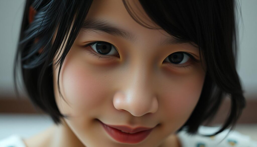 A close-up portrait of a young, Japanese-looking person with black hair, their gaze directed intently forward. They have a warm, friendly expression that reflects their caring, sociable personality. The lighting is soft and flattering, casting a gentle glow on their features. The background is blurred, keeping the focus on the subject's face and conveying a sense of intimacy. The overall mood is one of connection and approachability, capturing the essence of an ESFJ-T's romantic tendencies.
