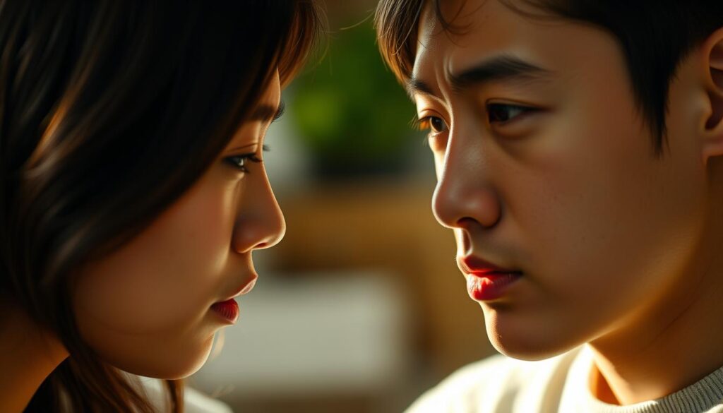 A close-up shot of two young Asian individuals, one male and one female, engaged in an emotionally charged discussion. The lighting is soft and natural, casting warm hues across their delicately expressive faces. Their brows are furrowed, lips slightly parted, conveying a sense of inner conflict and difficulty communicating their feelings. The background is blurred, keeping the focus on the subjects' nuanced facial expressions and body language as they navigate the challenges of emotional expression. The image evokes a sense of vulnerability, empathy, and the subtle complexities of interpersonal communication.
