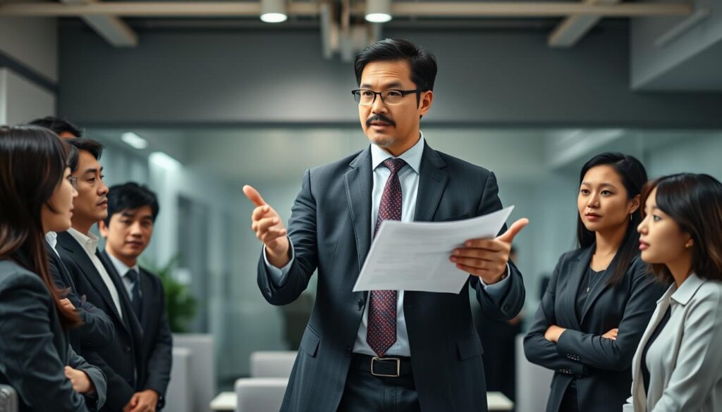 A confident, authoritative ESTJ-T leader stands at the center of a bustling office, commanding the attention of their team. Dressed in a crisp, well-tailored suit, they gesticulate firmly while explaining a detailed plan, their gaze unwavering and posture upright. The background is a modern, minimalist workspace with clean lines and muted tones, creating a professional atmosphere. Soft, directional lighting illuminates the leader's face, highlighting their determined expression. The team members, young Japanese individuals with serious expressions, surround the leader, listening intently. An air of efficiency and productivity permeates the scene, reflecting the ESTJ-T's preference for structure, organization, and decisive action.