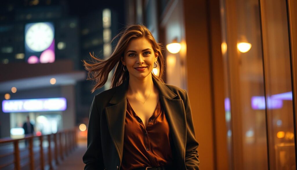 A confident, stylish ENTP woman strolls through a modern, dimly-lit urban setting, her eyes sparkling with a hint of mischief. She moves with a sense of purpose, radiating an aura of self-assurance. The scene is bathed in warm, golden lighting, creating an intimate, alluring atmosphere. The woman's body language suggests a playful, assertive approach to romance, her stance open and inviting. The overall composition conveys a sense of bold, unapologetic femininity, hinting at the unique perspective of the ENTP woman in matters of the heart.