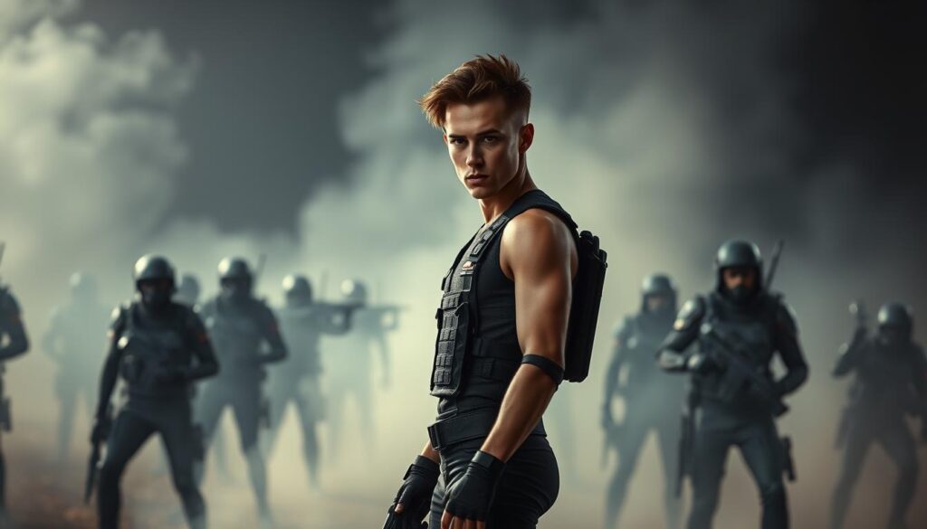 A confrontational, battle-ready ENTP stands amidst a hazy, smoky battlefield, their sharp gaze scanning the horizon. Their lithe frame is clad in a sleek, black tactical outfit, accented with crimson details. Intense lighting casts dramatic shadows, heightening the tension. The ENTP's expression is a mix of calculating determination and strategic cunning, ready to outmaneuver any opposition. In the background, the blurred silhouettes of allied forces gather, poised to support their ENTP leader's decisive actions. This is a scene of an ENTP's strategic response to a formidable challenge, captured in a cinematic, high-contrast style.