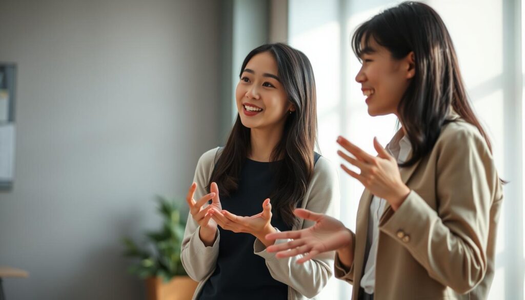 A contemporary office setting with a pair of young Japanese-looking professionals engaged in an animated discussion. Soft, natural lighting illuminates their faces as they lean in, conveying a sense of focused, effective communication. The foreground features their gestures and expressions, while the background blurs into a minimalist scene with subtle textures and muted tones, allowing the figures to take center stage. The overall mood is one of thoughtful exchange and productive collaboration.