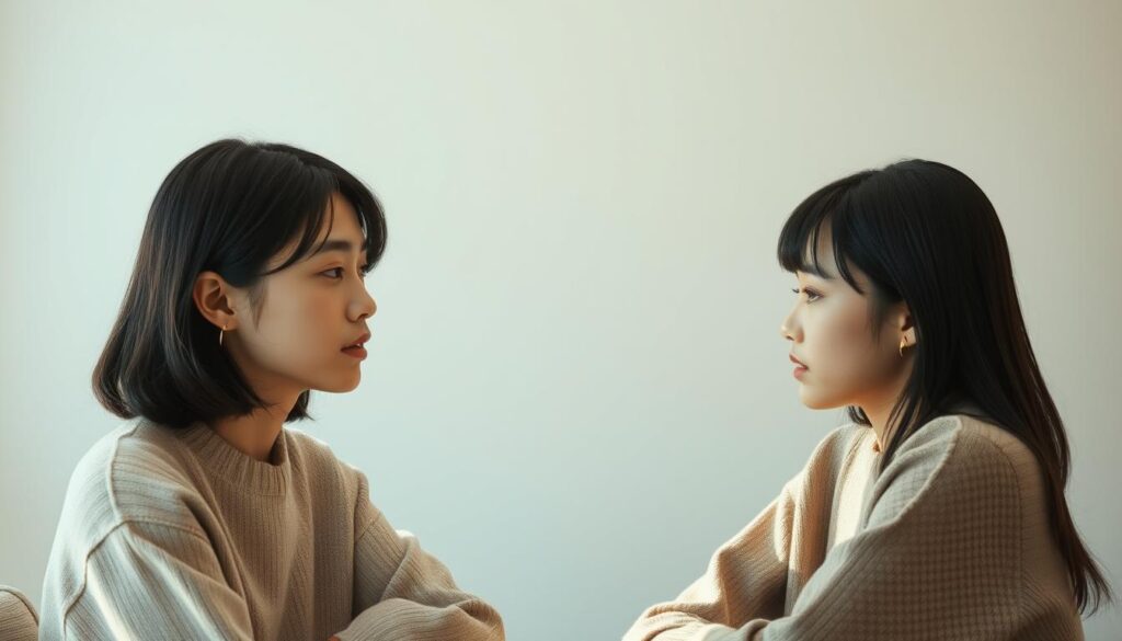A conversation between two young Japanese individuals, their facial expressions and body language conveying a disconnect and misalignment in their communication. Soft, natural lighting illuminates their interaction, capturing the subtle tension and lack of understanding. The scene is set in a simple, minimalist interior, allowing the focus to remain on the interpersonal dynamic. The models' features are realistic, with dark hair and a clean, modern aesthetic. An air of unease and disconnect permeates the image, reflecting the concept of "コミュニケーションのズレ" at the heart of the article's subject matter.