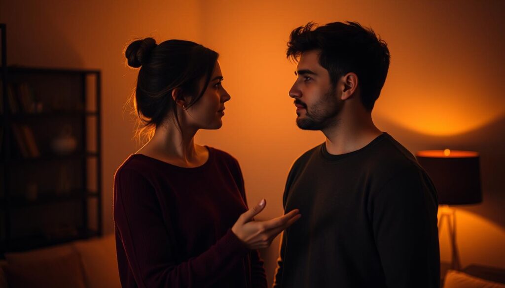 A couple in their early 20s, a female ENFJ and a male ESTP, stand facing each other in a dimly lit room. Warm, soft lighting casts gentle shadows, creating an intimate atmosphere. Their expressions are thoughtful, suggesting a conversation about navigating the challenges in their relationship. The female's hand is extended, reaching out to the male, a subtle gesture of understanding and connection. The background is intentionally blurred, keeping the focus on the couple and their interaction. The overall mood conveys a sense of contemplation and the desire to find common ground, hinting at the struggles they may face as an ENFJ-ESTP pair.