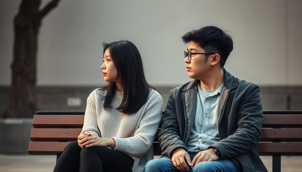 A couple sitting on a bench, deep in discussion, their body language suggesting a challenge they are working to resolve. Soft lighting casts a warm, pensive mood as they gaze intently at each other, lost in thoughtful conversation. The scene captures the essence of a young Japanese couple navigating the complexities of their relationship, their features suggesting the ISTJ and ESTP personalities described in the article. The composition is balanced, with the figures occupying the foreground and a blurred, neutral background providing context without distraction.