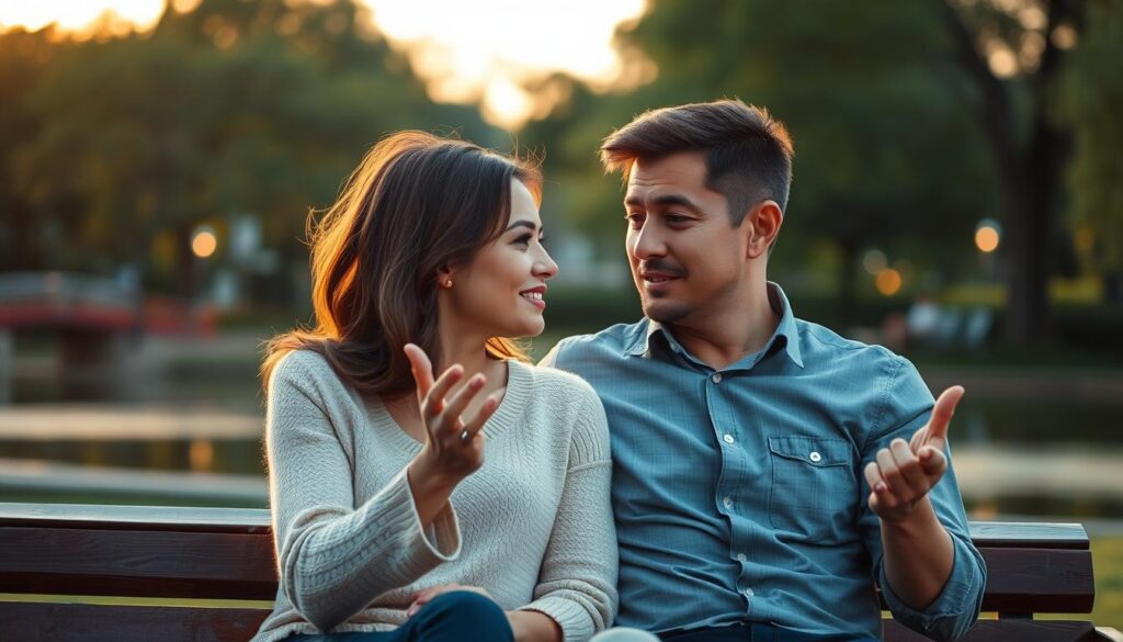 A couple sitting on a bench, engaged in deep, heartfelt conversation. Soft evening light illuminates their faces, creating a warm, intimate atmosphere. The woman leans in, listening intently, her expression one of empathy and understanding. The man gestures passionately, his eyes alight with earnest emotion. In the blurred background, a park-like setting with lush greenery and a tranquil pond, suggesting a peaceful, calming environment conducive to open and honest exchange. Realistic, photographic style, high-resolution, sharp focus on the couple, with a shallow depth of field to emphasize their connection.