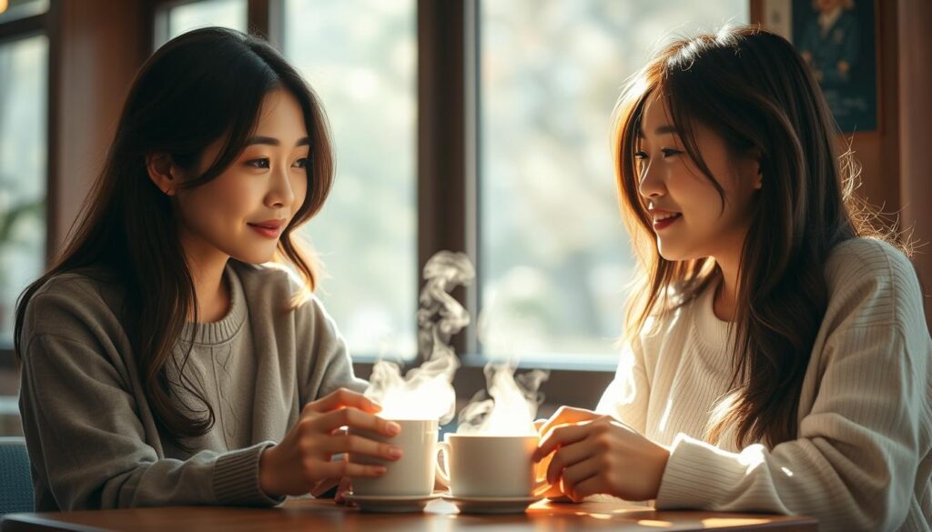 A cozy café setting, two young Japanese women engaged in an earnest conversation over cups of steaming coffee. Gentle natural lighting filters through large windows, casting a warm glow on their faces as they lean in, their expressions radiating trust and understanding. The background is softly blurred, allowing the focus to remain on their interaction, a visual representation of the "building trust" theme. The scene conveys a sense of intimacy and connection, hinting at the development of a meaningful, long-term relationship.