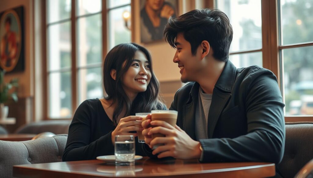 A cozy café setting with a young, attractive Japanese-looking couple enjoying a date. The woman, with long dark hair, is gazing lovingly at the man as they share a warm drink, bathed in soft, natural lighting from large windows. The pair is dressed casually but elegantly, conveying a sense of intimacy and connection. The background features tasteful décor, creating a relaxed and intimate atmosphere. The scene captures the essence of a successful, harmonious ESTP-ENFJ romantic relationship.