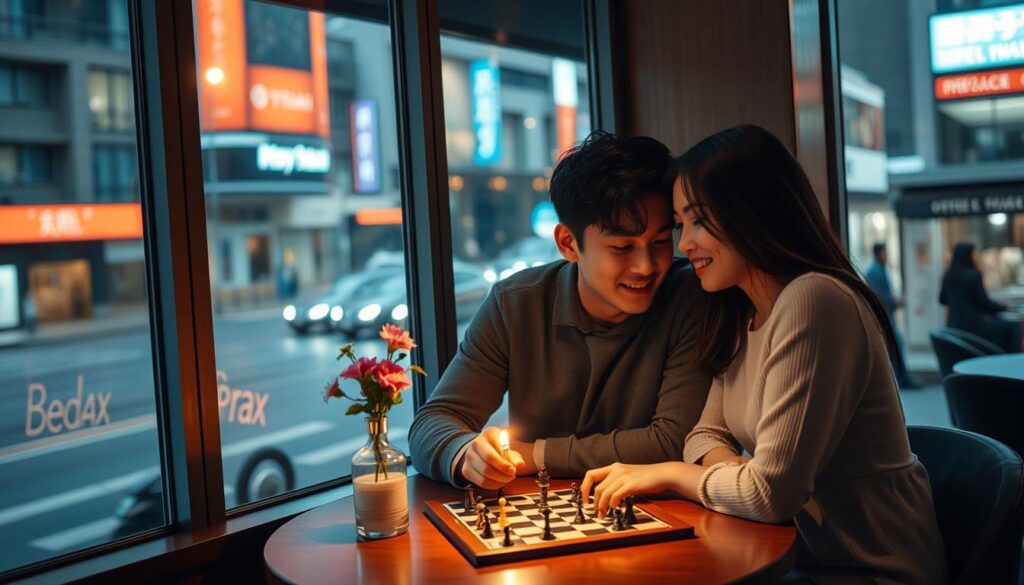 A cozy cafe setting with large windows overlooking a bustling city street. Soft lighting illuminates an intimate table for two, adorned with thoughtful details - a single candle, a vase of fresh flowers, and a chessboard with intricate pieces. The couple, a young Japanese man and woman, lean in close, engaged in an intense yet playful strategy discussion, their eyes sparkling with curiosity and connection. The urban backdrop provides a sense of energy and discovery, perfectly complementing the couple's captivating date night.
