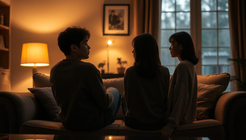 A cozy, dimly lit living room scene. Two young, Japanese-looking friends sit facing each other on a plush sofa, their bodies turned inward, creating an intimate, open atmosphere. Warm, soft lighting from a side lamp and large windows casts gentle shadows, highlighting the depth of their conversation. Their expressions are thoughtful, conveying a sense of understanding and emotional connection. The room is tastefully decorated with subtle textures and muted colors, creating a harmonious, reflective ambiance that complements the interpersonal dynamic. The composition emphasizes the balance and complementarity between the two figures, reflecting the nuances of their friendship.