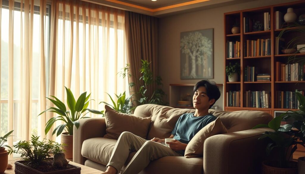 A cozy, dimly lit living room with warm, soft lighting filtering through sheer curtains. A young Japanese man sits comfortably on a plush sofa, surrounded by lush plants and natural elements that create a sense of tranquility. Bookshelves line the walls, and a large window offers a view of a serene outdoor scene. The man's expression is one of relaxation, as he quietly sips a cup of tea. Muted hues of green, brown, and beige predominate, evoking a calming, earthy atmosphere. The overall scene conveys a sense of comfort, introspection, and the creation of an environment that allows for deep contemplation and rejuvenation.